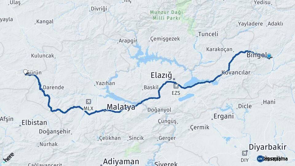 Bingöl Gürün Sivas Arası Kaç Km - Yol Haritası