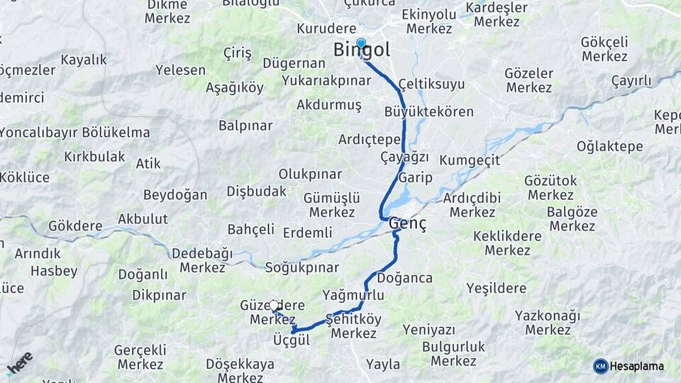 Bingöl Güzeldere Genç Arası Kaç Km - Yol Haritası