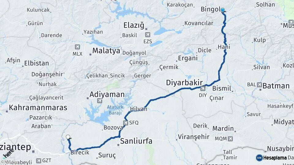 Bingöl Halfeti Şanlıurfa Arası Kaç Km - Yol Haritası