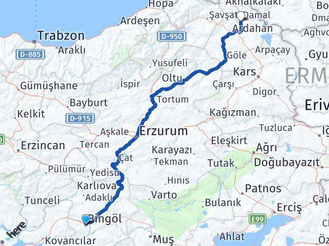 Bingöl Hanak Ardahan Arası Kaç Km - Yol Haritası