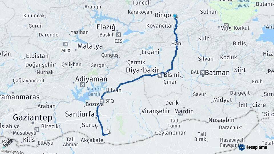 Bingöl Harran Şanlıurfa Arası Kaç Km - Yol Haritası
