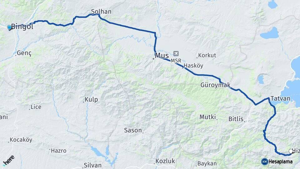 Bingöl Hizan Bitlis Arası Kaç Km - Yol Haritası