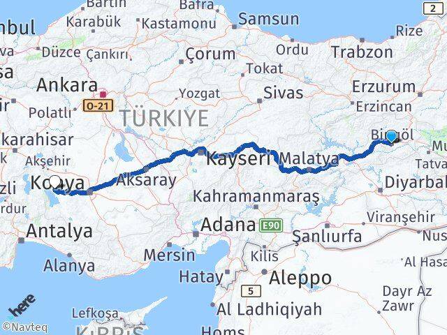 Bingöl Hüyük Konya Arası Kaç Km - Yol Haritası