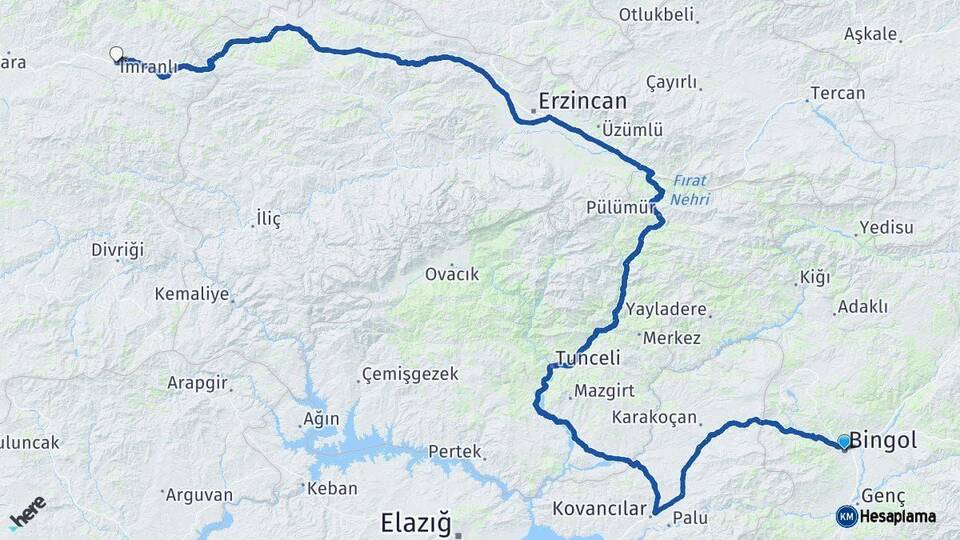 Bingöl İmranlı Sivas Arası Kaç Km - Yol Haritası