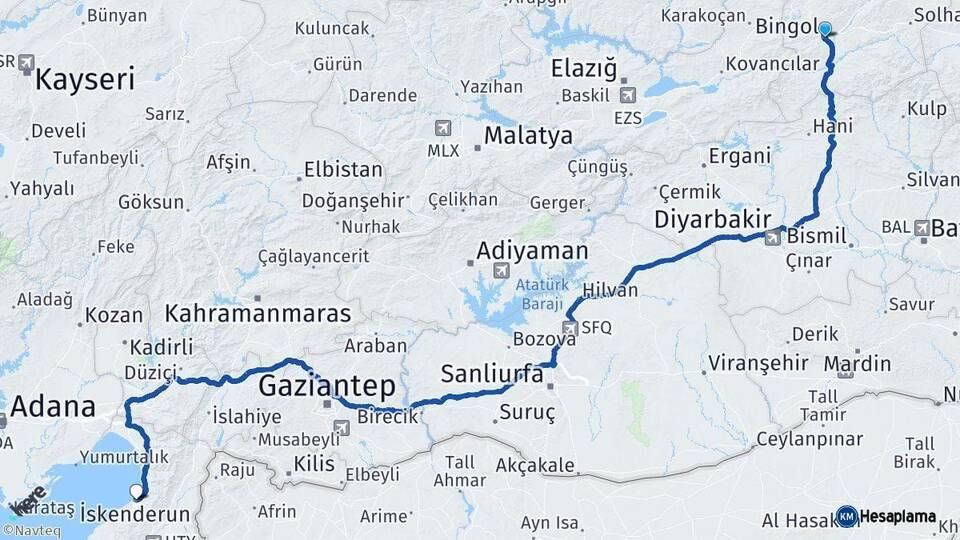 Bingöl İskenderun Hatay Arası Kaç Km - Yol Haritası