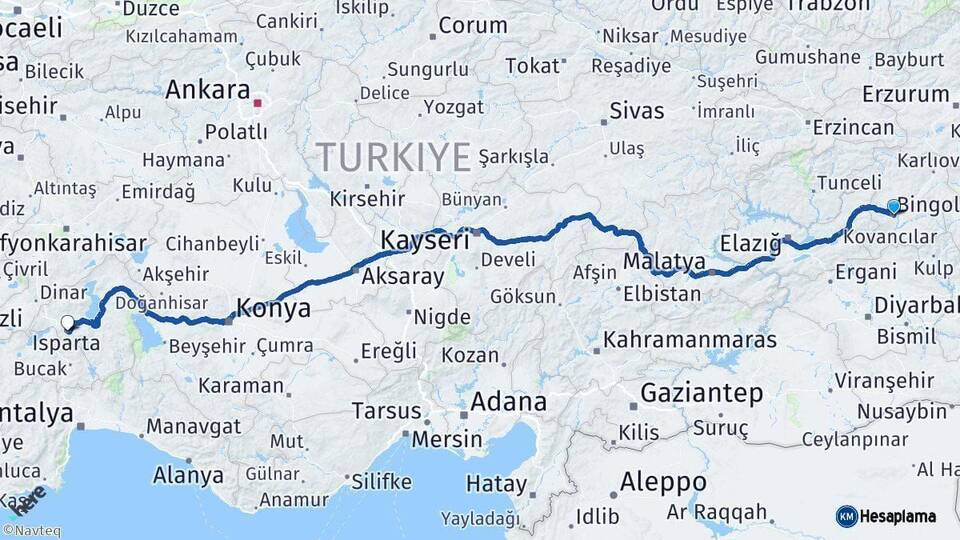 Bingöl Isparta Arası Kaç Km - Yol Haritası