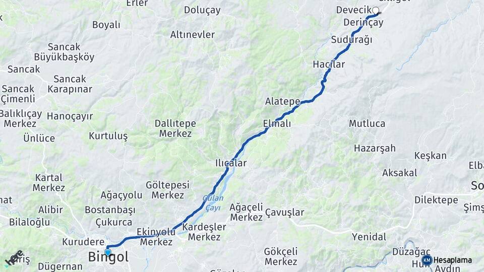 Bingöl Kalencik Karlıova Arası Kaç Km - Yol Haritası