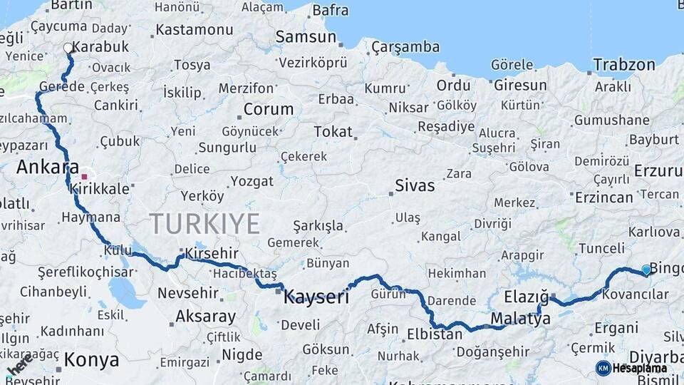 Bingöl Karabük Arası Kaç Km - Yol Haritası