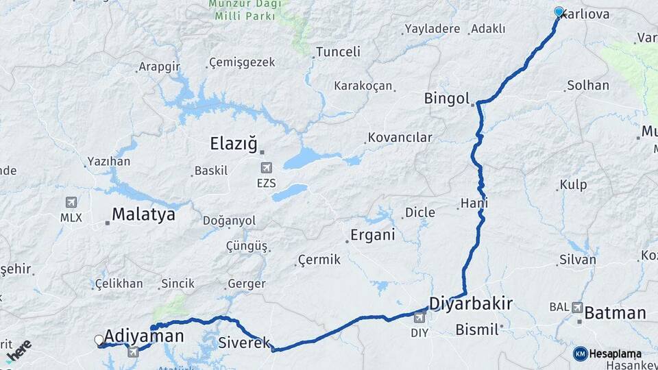 Bingöl Karlıova Adıyaman Arası Kaç Km - Yol Haritası
