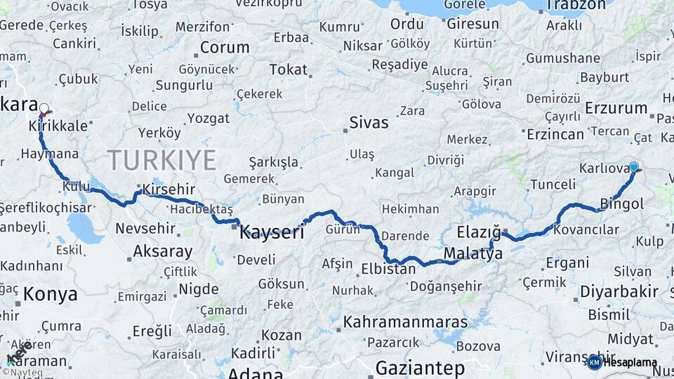 Bingöl Karlıova Ankara Arası Kaç Km - Yol Haritası