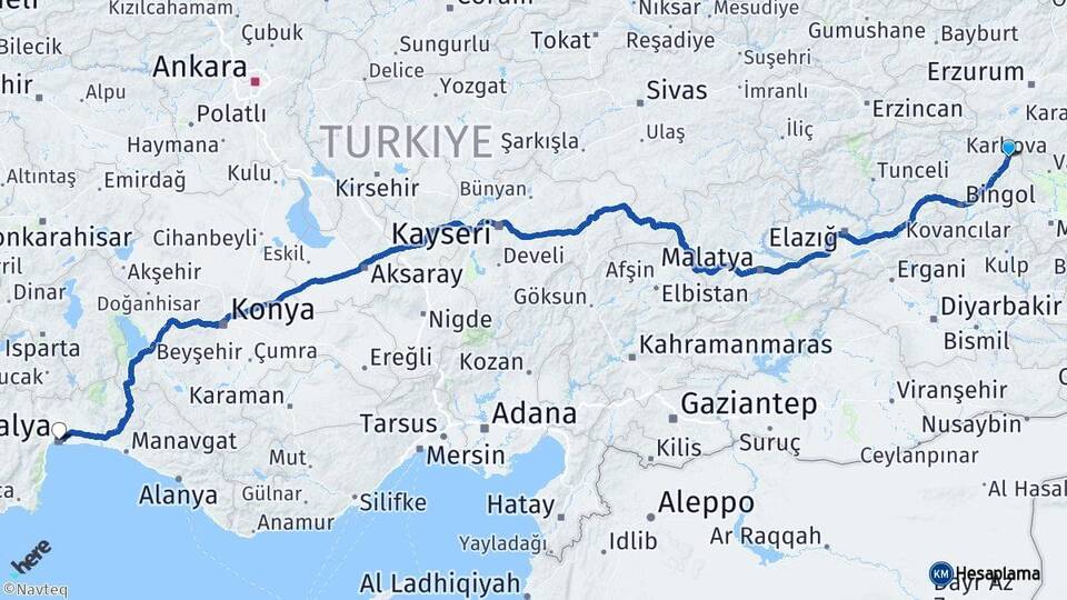 Bingöl Karlıova Antalya Arası Kaç Km - Yol Haritası