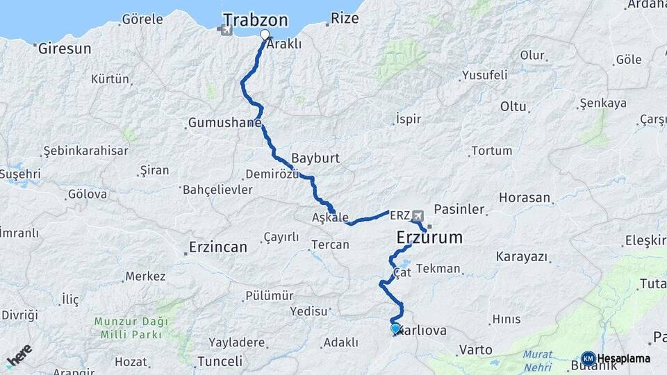 Bingöl Karlıova Araklı Trabzon Arası Kaç Km - Yol Haritası