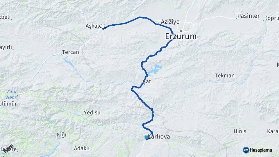 Bingöl Karlıova Aşkale Erzurum Arası Kaç Km - Yol Haritası