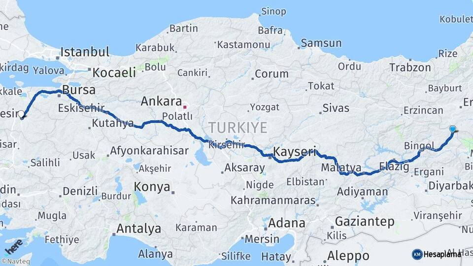 Bingöl Karlıova Balıkesir Arası Kaç Km - Yol Haritası