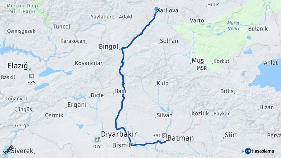 Bingöl Karlıova Batman Arası Kaç Km - Yol Haritası