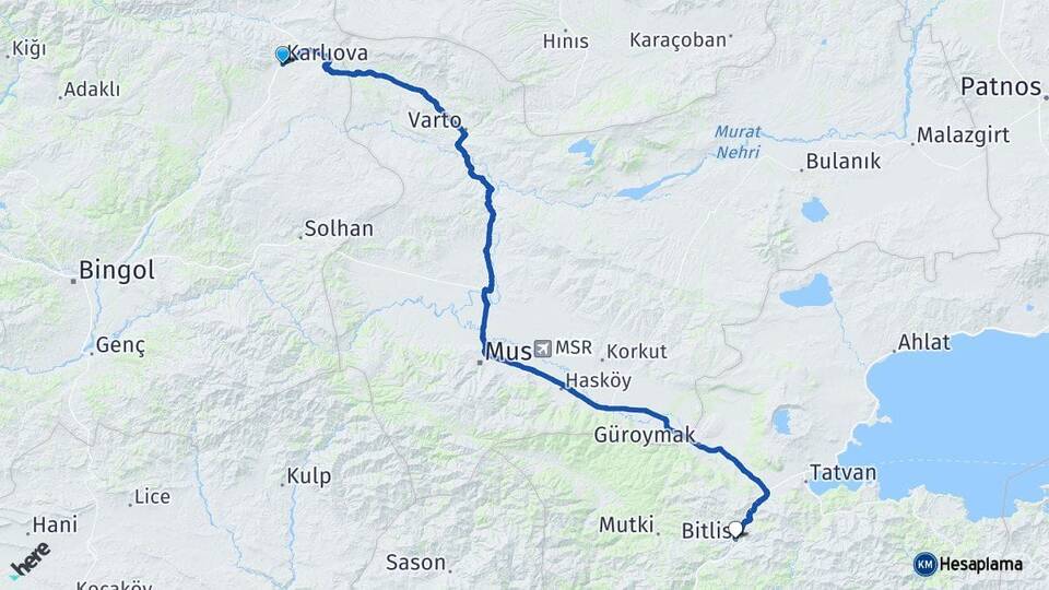 Bingöl Karlıova Bitlis Arası Kaç Km - Yol Haritası
