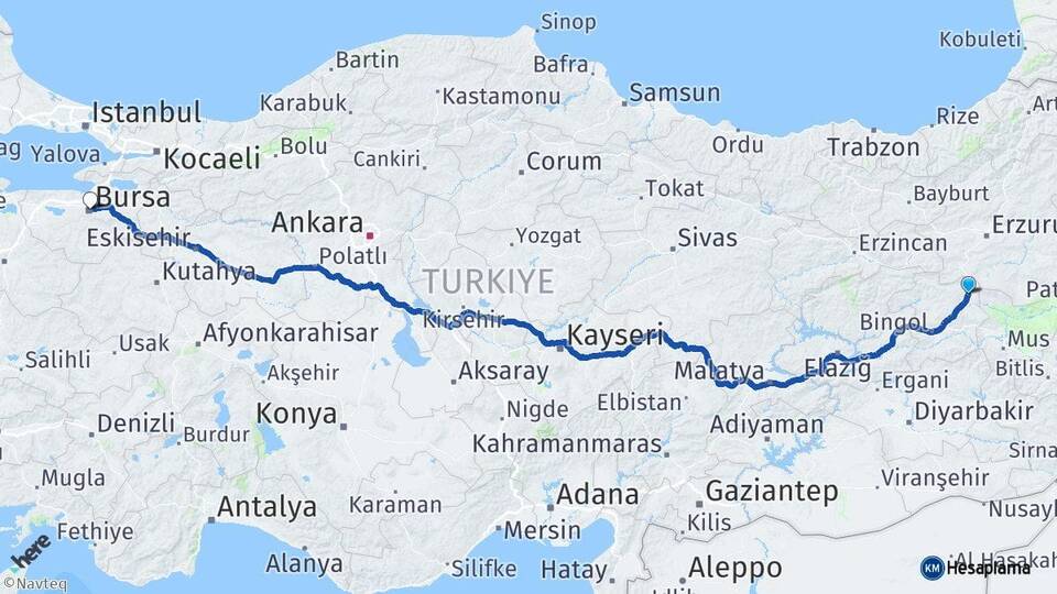 Bingöl Karlıova Bursa Arası Kaç Km - Yol Haritası