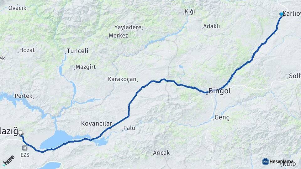 Bingöl Karlıova Elazığ Arası Kaç Km - Yol Haritası