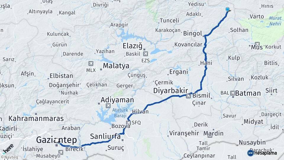 Bingöl Karlıova Gaziantep Arası Kaç Km - Yol Haritası
