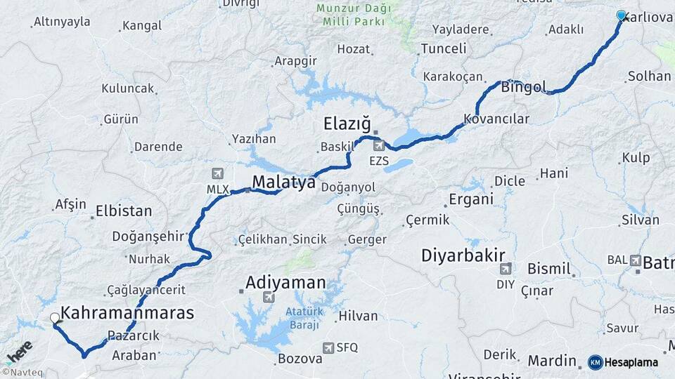 Bingöl Karlıova Kahramanmaraş Arası Kaç Km - Yol Haritası