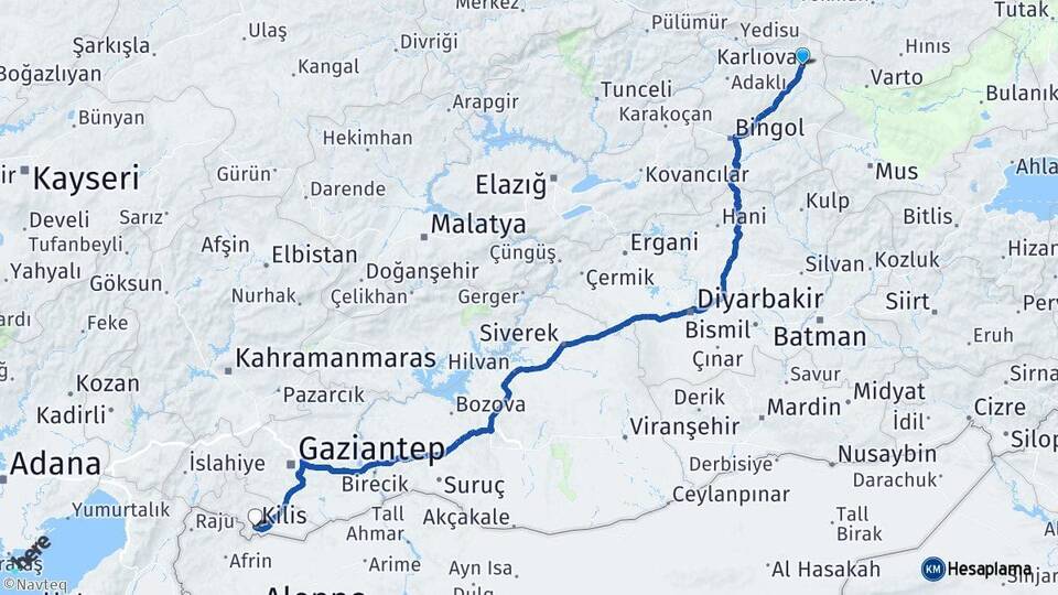 Bingöl Karlıova Kilis Arası Kaç Km - Yol Haritası