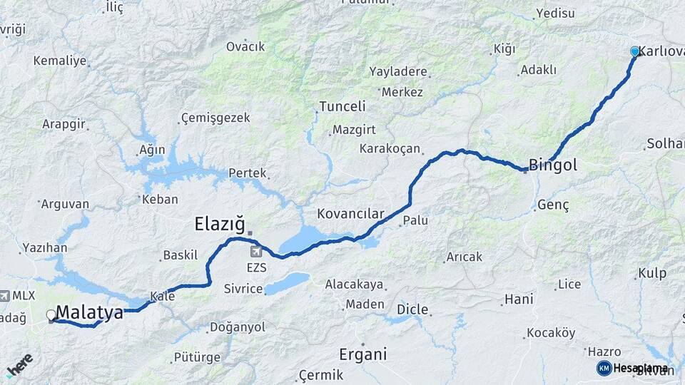 Bingöl Karlıova Malatya Arası Kaç Km - Yol Haritası