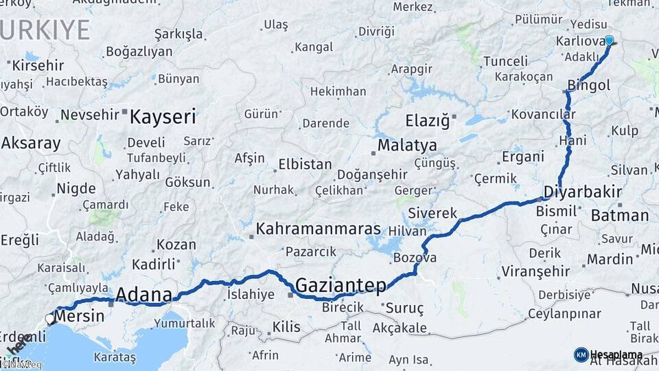 Bingöl Karlıova Mersin Arası Kaç Km - Yol Haritası