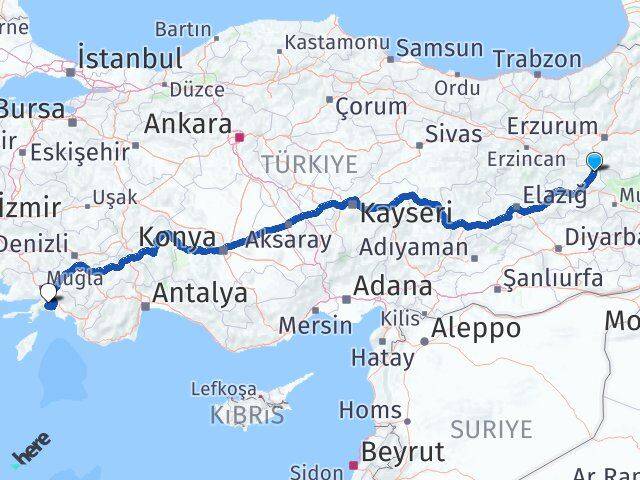 Bingöl Karlıova Muğla Arası Kaç Km - Yol Haritası