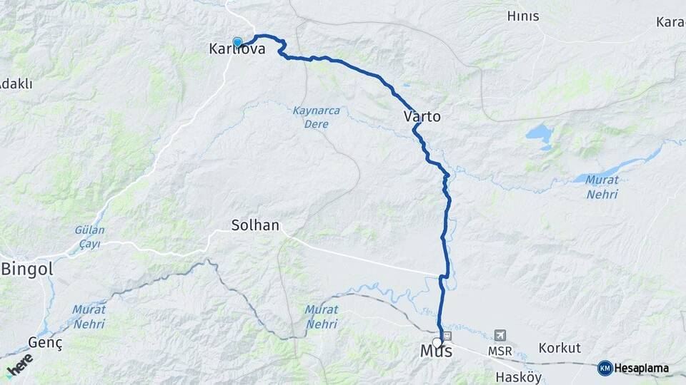 Bingöl Karlıova Muş Arası Kaç Km - Yol Haritası