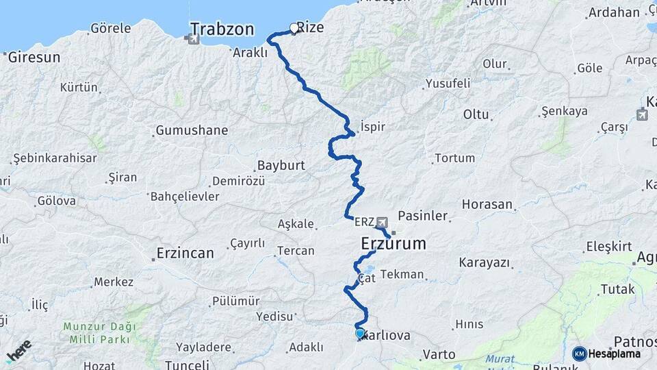 Bingöl Karlıova Rize Arası Kaç Km - Yol Haritası