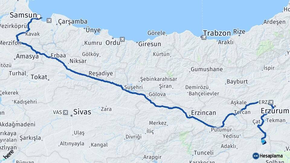 Bingöl Karlıova Samsun Arası Kaç Km - Yol Haritası