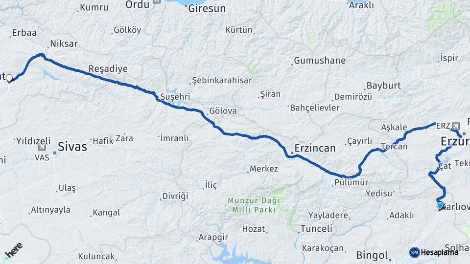 Bingöl Karlıova Tokat Arası Kaç Km - Yol Haritası