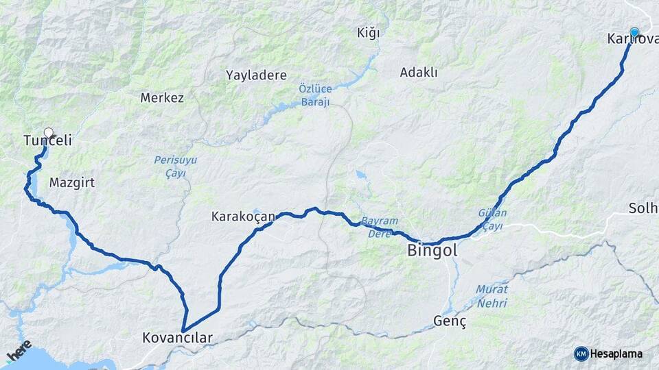 Bingöl Karlıova Tunceli Arası Kaç Km - Yol Haritası