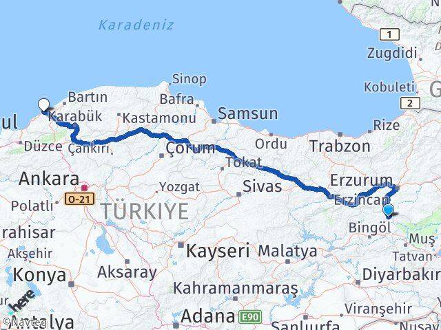 Bingöl Karlıova Zonguldak Arası Kaç Km - Yol Haritası