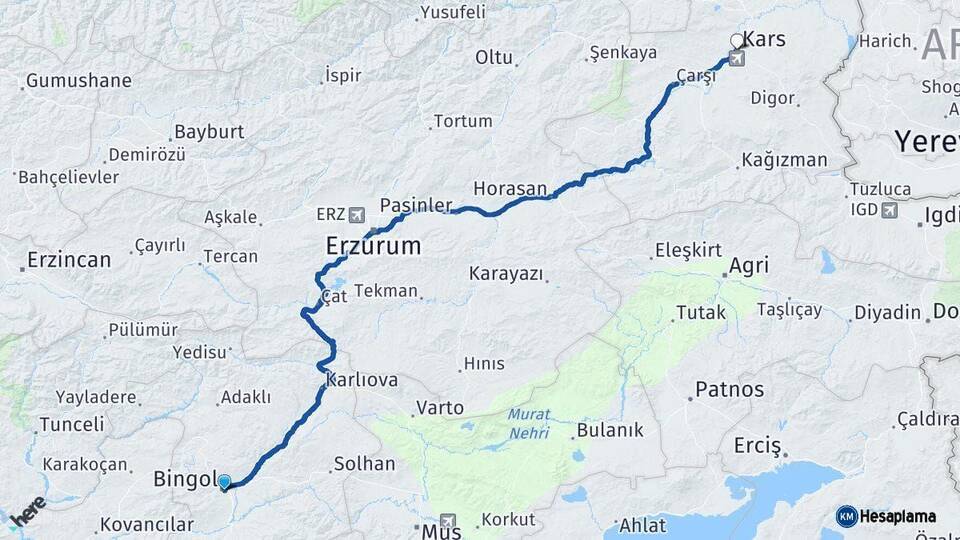 Bingöl Kars Arası Kaç Km - Yol Haritası