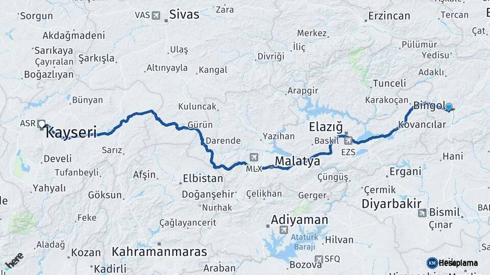 Bingöl Kayseri Arası Kaç Km - Yol Haritası