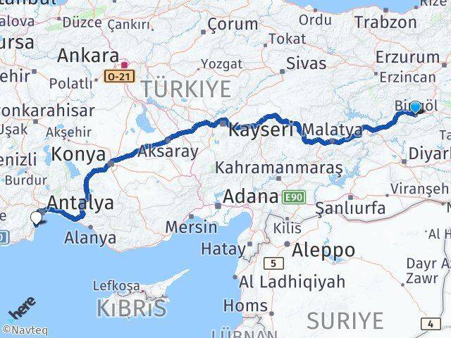 Bingöl Kemer Antalya Arası Kaç Km - Yol Haritası