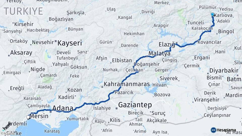 Bingöl Kiğı Mersin Arası Kaç Km - Yol Haritası