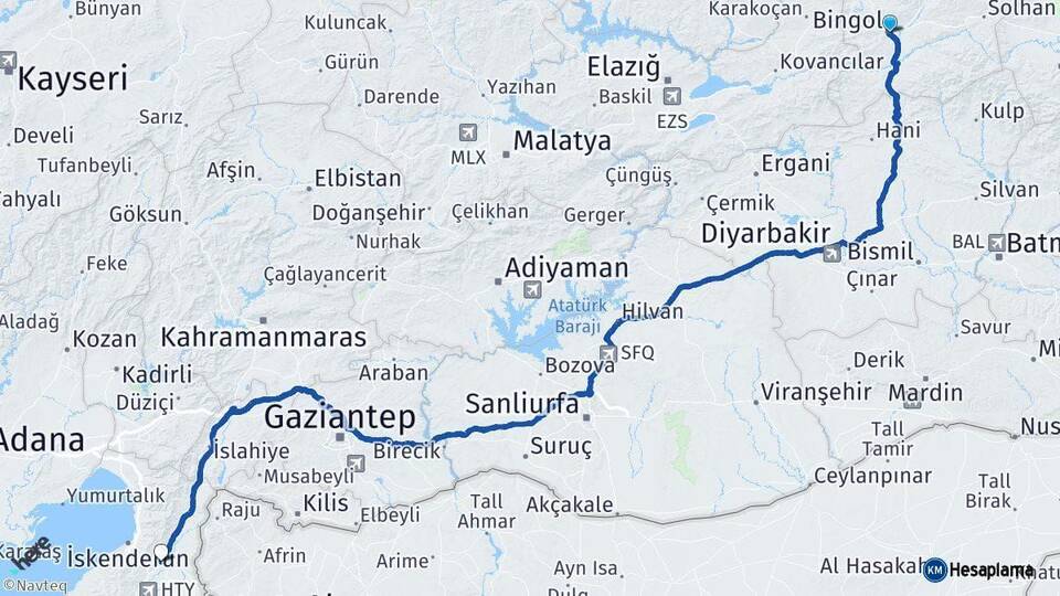 Bingöl Kırıkhan Hatay Arası Kaç Km - Yol Haritası