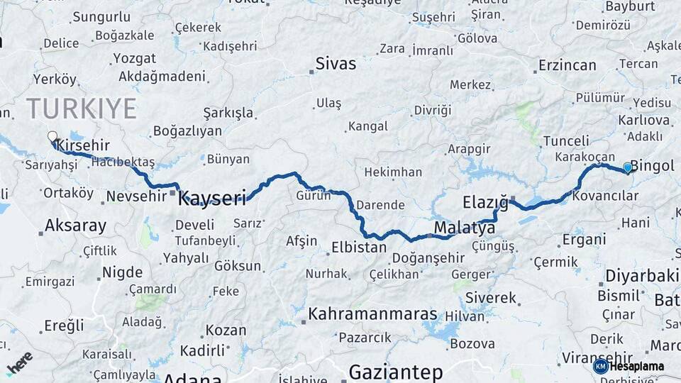 Bingöl Kırşehir Arası Kaç Km - Yol Haritası