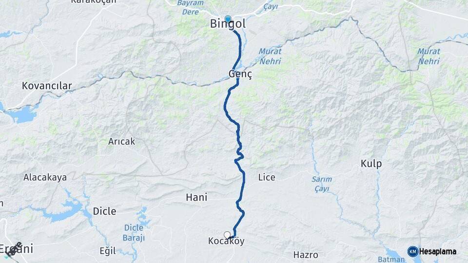 Bingöl Kocaköy Diyarbakır Arası Kaç Km - Yol Haritası