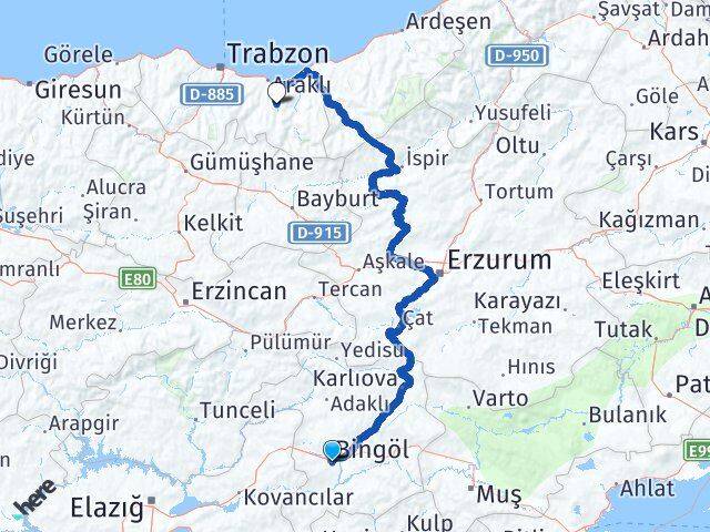 Bingöl Köprübaşı Trabzon Arası Kaç Km - Yol Haritası