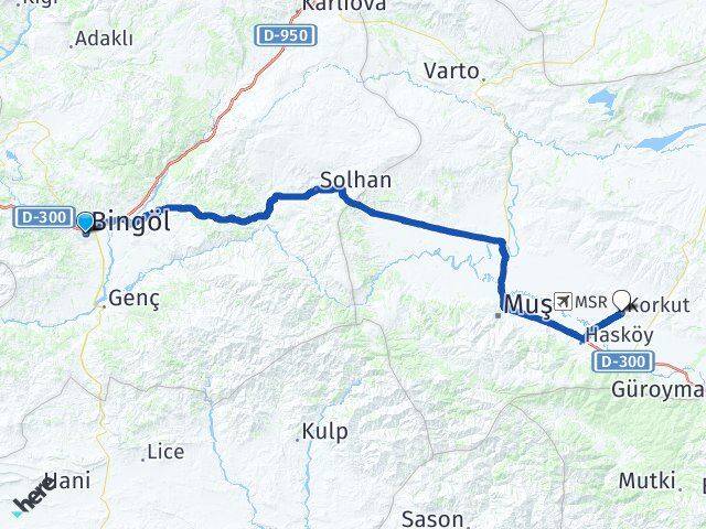 Bingöl Korkut Muş Arası Kaç Km - Yol Haritası