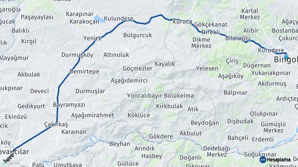 Bingöl Kovancılar Elazığ Arası Kaç Km - Yol Haritası