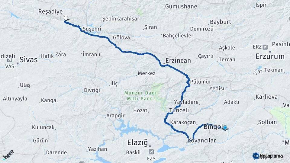 Bingöl Koyulhisar Sivas Arası Kaç Km - Yol Haritası