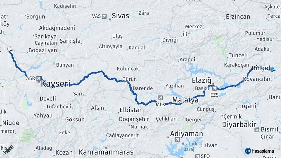 Bingöl Kozaklı Nevşehir Arası Kaç Km - Yol Haritası