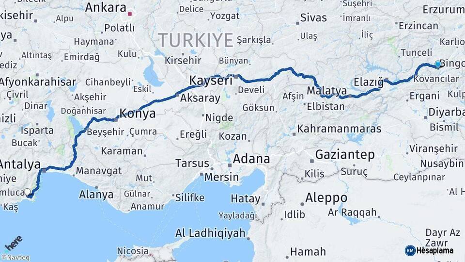 Bingöl Kumluca Antalya Arası Kaç Km - Yol Haritası