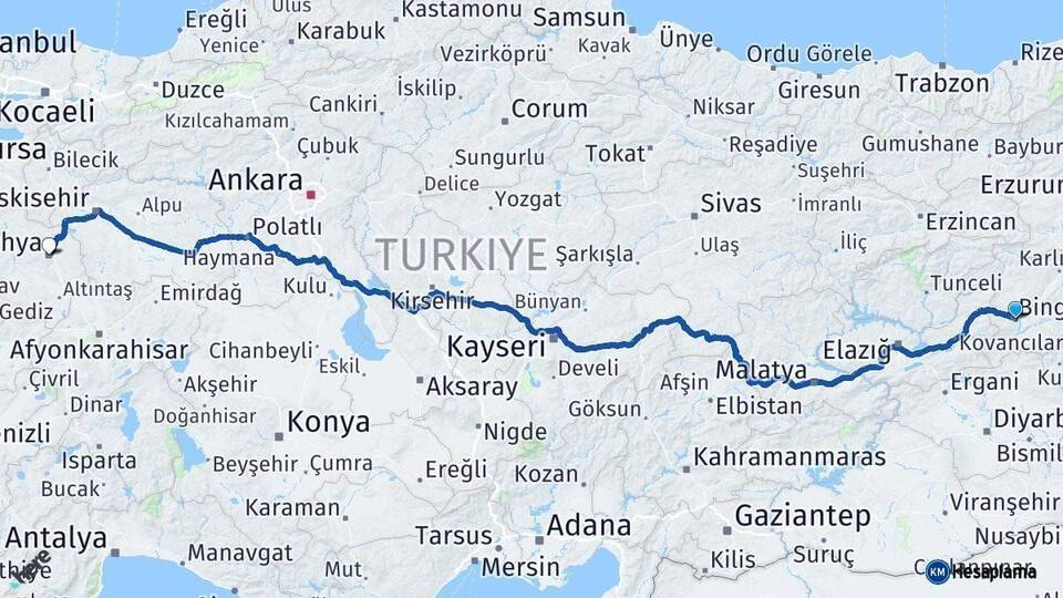 Bingöl Kütahya Arası Kaç Km - Yol Haritası