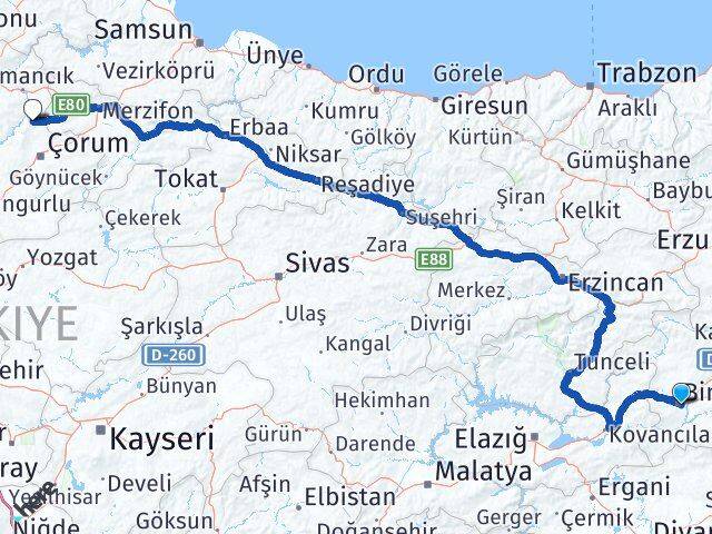 Bingöl Laçin Çorum Arası Kaç Km - Yol Haritası