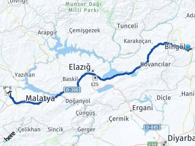 Bingöl Malatya Havalimanı Arası Kaç Km - Yol Haritası